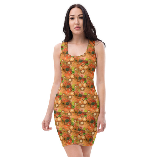 Autumn Spirals, a Patterned Spirograph Collage Sublimation Cut & Sew Dress