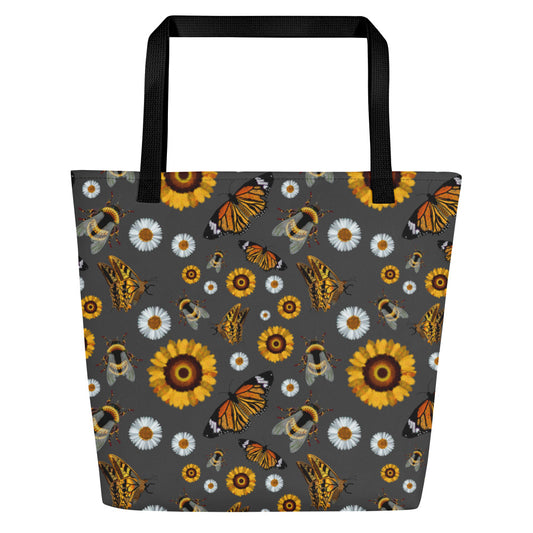Spirograph Bees Butterflies and blooms Pattern All-Over Print Large Tote Bag w/ Pocket
