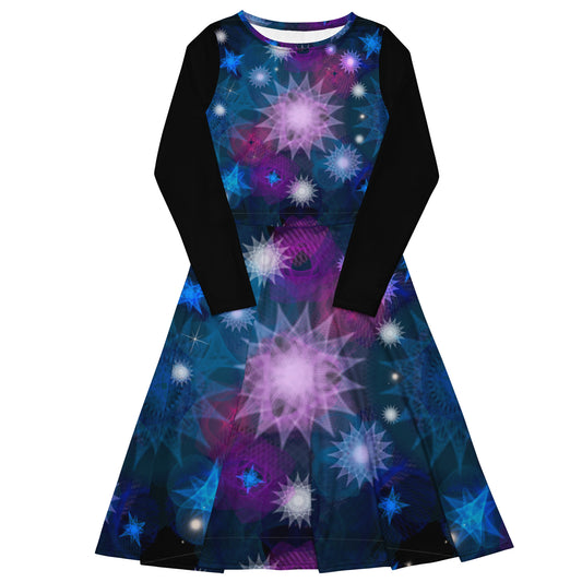 Starlit Supernova: a Patterned Spirograph Collage All-Over Print Long Sleeve Midi Dress