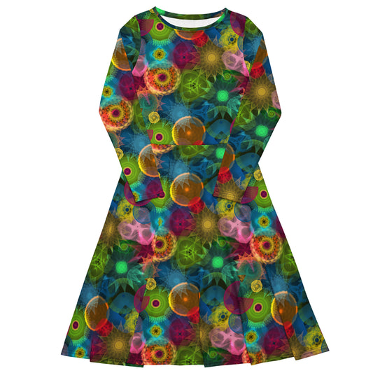 Neon Green Kaleidoscope: a Patterned Spirograph Collage All-Over Print Long Sleeve Midi Dress