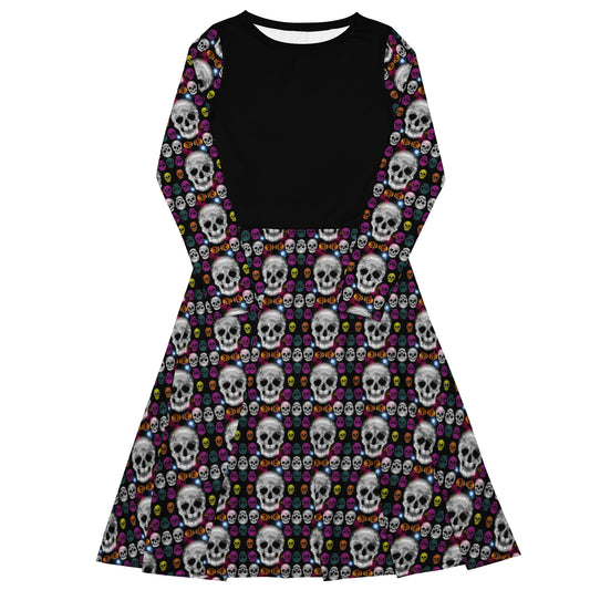 Spooky Skulls: a Patterned Spirograph Collage All-Over Print Long Sleeve Midi Dress