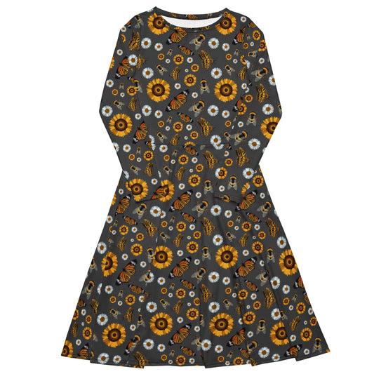 Spirograph Bees Butterflies and blooms Pattern All-Over Print Long Sleeve Midi Dress