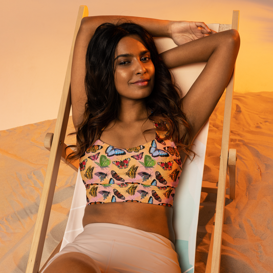 Butterfly Kaleidoscope: a Patterned Spirograph Collage All-Over Print Longline Sports Bra