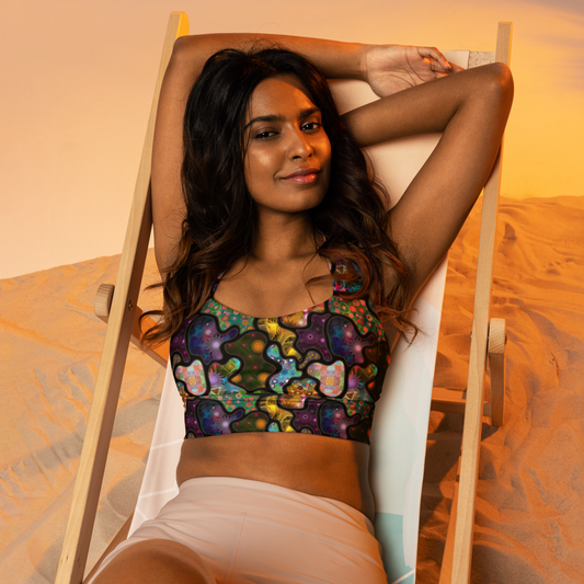 Dark Terrain: a Patterned Spirograph Collage All-Over Print Longline Sports Bra