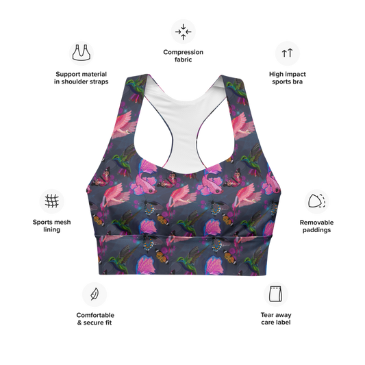 Flying Fish and Feathers: a Patterned Spirograph Collage All-Over Print Longline Sports Bra