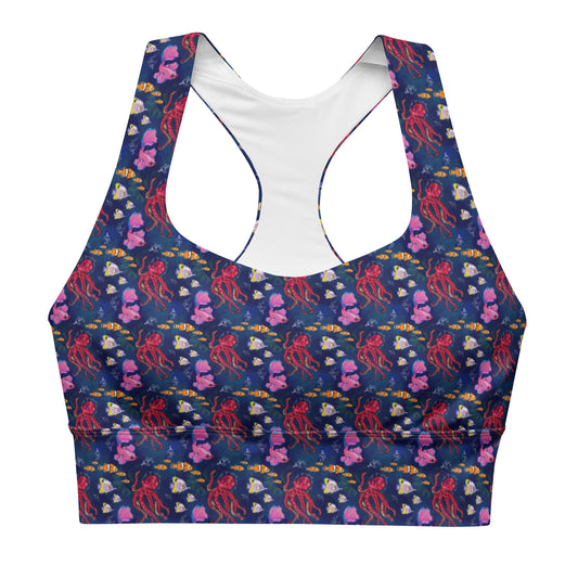 Under the Sea: a Patterned Spirograph Collage All-Over Print Longline Sports Bra