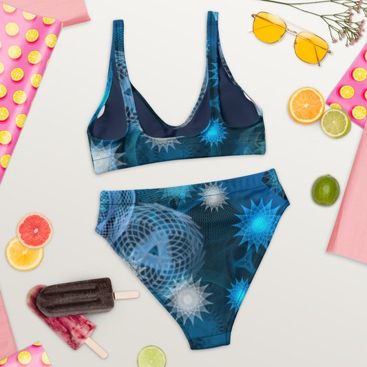 Blue and White Starlit Geometry, a Patterned Spirograph Collage All-Over Print Recycled High-Waisted Bikini