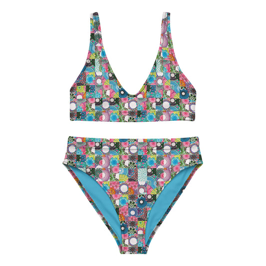 Tiled spirals: a Patterned Spirograph Collage All-Over Print Recycled High-Waisted Bikini