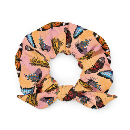 Butterfly Kaleidoscope: a Patterned Spirograph Collage All-Over Print Recycled Scrunchie
