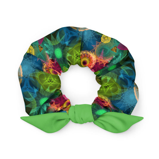 Neon Green Kaleidoscope: a Patterned Spirograph Collage All-Over Print Recycled Scrunchie
