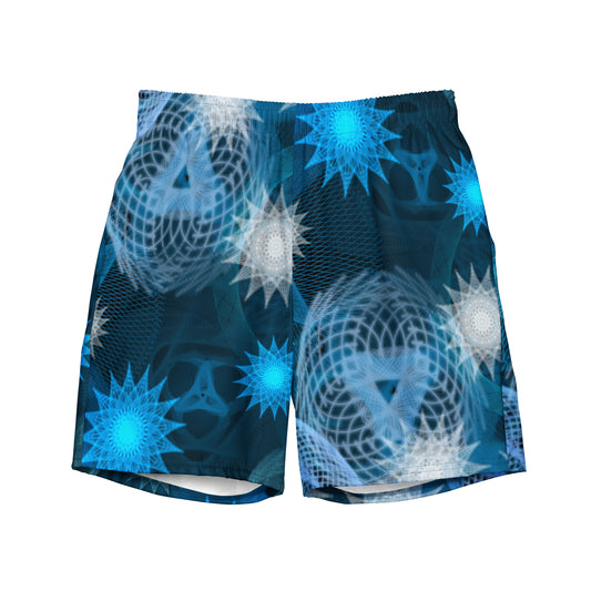 Blue and White Starlit Geometry, a Patterned Spirograph Collage All-Over Print Recycled Swim Trunks