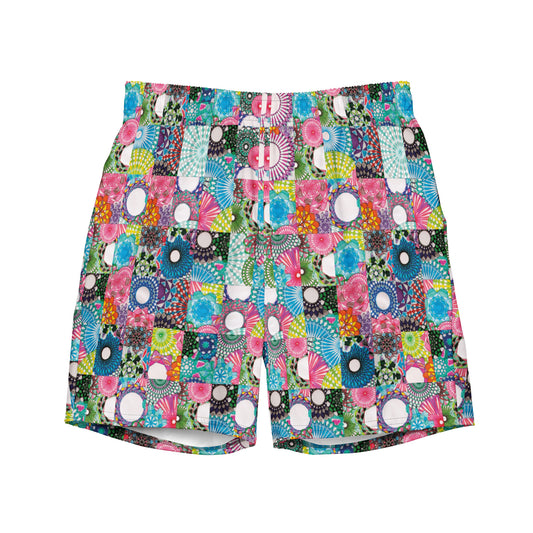 Tiled spirals: a Patterned Spirograph Collage All-Over Print Recycled Swim Trunks