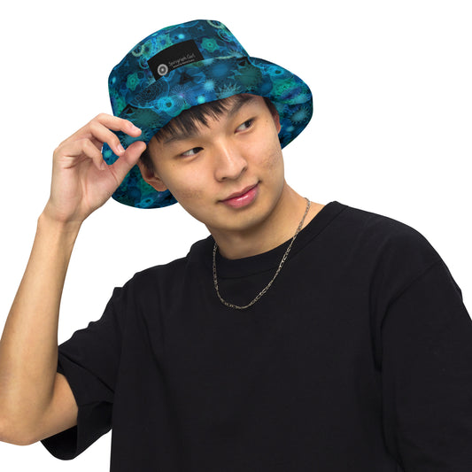 Blue and Teal Spirals: a Patterned Spirograph Collage All-Over Print Reversible Bucket Hat
