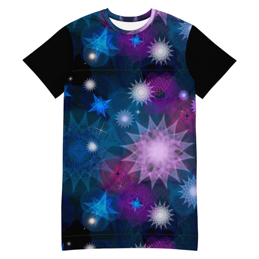 Starlit Supernova: a Patterned Spirograph Collage All-Over Print T-Shirt Dress