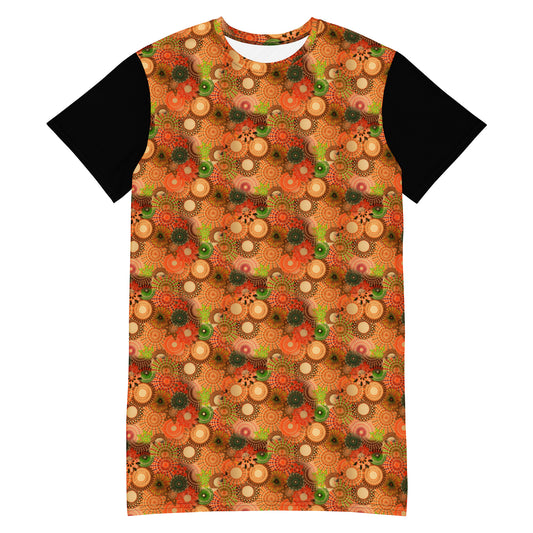 Autumn Spirals, a Patterned Spirograph Collage T-shirt dress