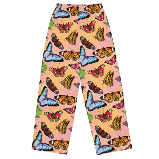 Butterfly Kaleidoscope: a Patterned Spirograph Collage All-Over Print Unisex Wide-Leg Pants