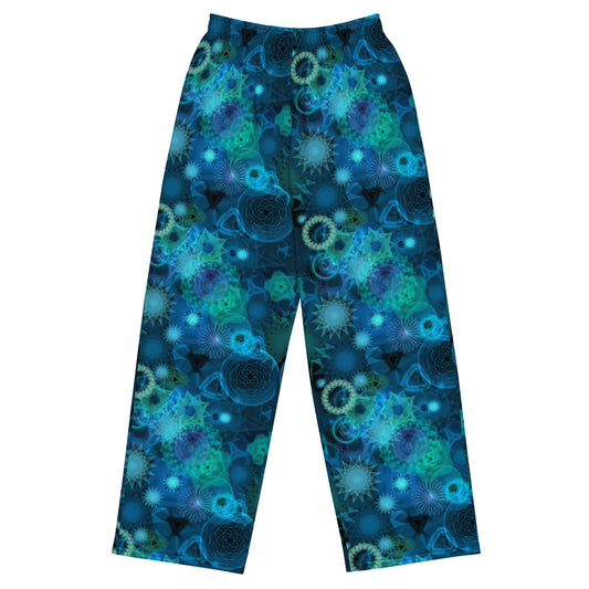 Blue and Teal Spirals: a Patterned Spirograph Collage All-Over Print Unisex Wide-Leg Pants