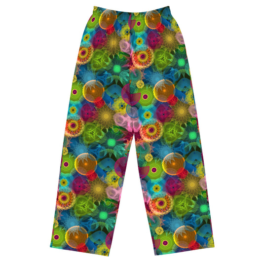 Neon Green Kaleidoscope: a Patterned Spirograph Collage All-Over Print Unisex Wide-Leg Pants