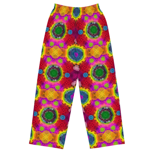 Red Kaleidoscope: a Patterned Spirograph Collage All-Over Print Unisex Wide-Leg Pants