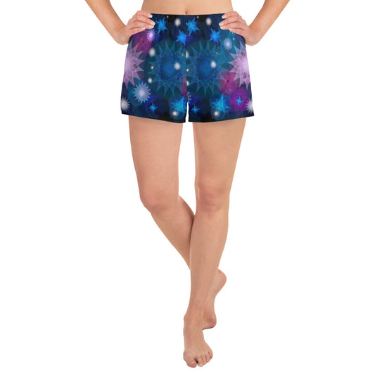 Starlit Supernova: a Patterned Spirograph Collage All-Over Print Women’s Recycled Athletic Shorts