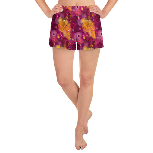 Pink and orange: a Patterned Spirograph Collage All-Over Print Women’s Recycled Athletic Shorts