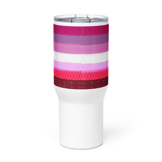 Spirograph Patterned Lesbian Flag Travel Mug with a Handle