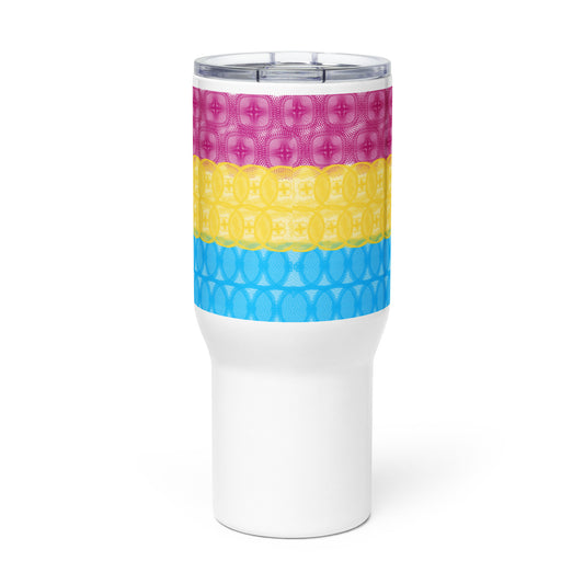 Spirograph Patterned Pansexual Flag Travel Mug with a Handle