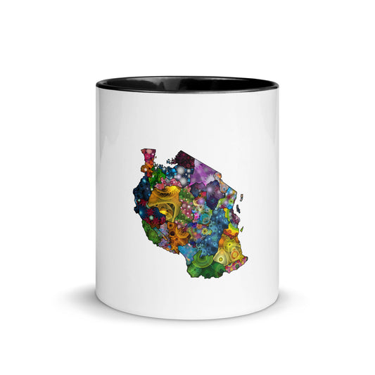 Spirograph Patterned Tanzania Regions Map White Ceramic Mug with Color Inside